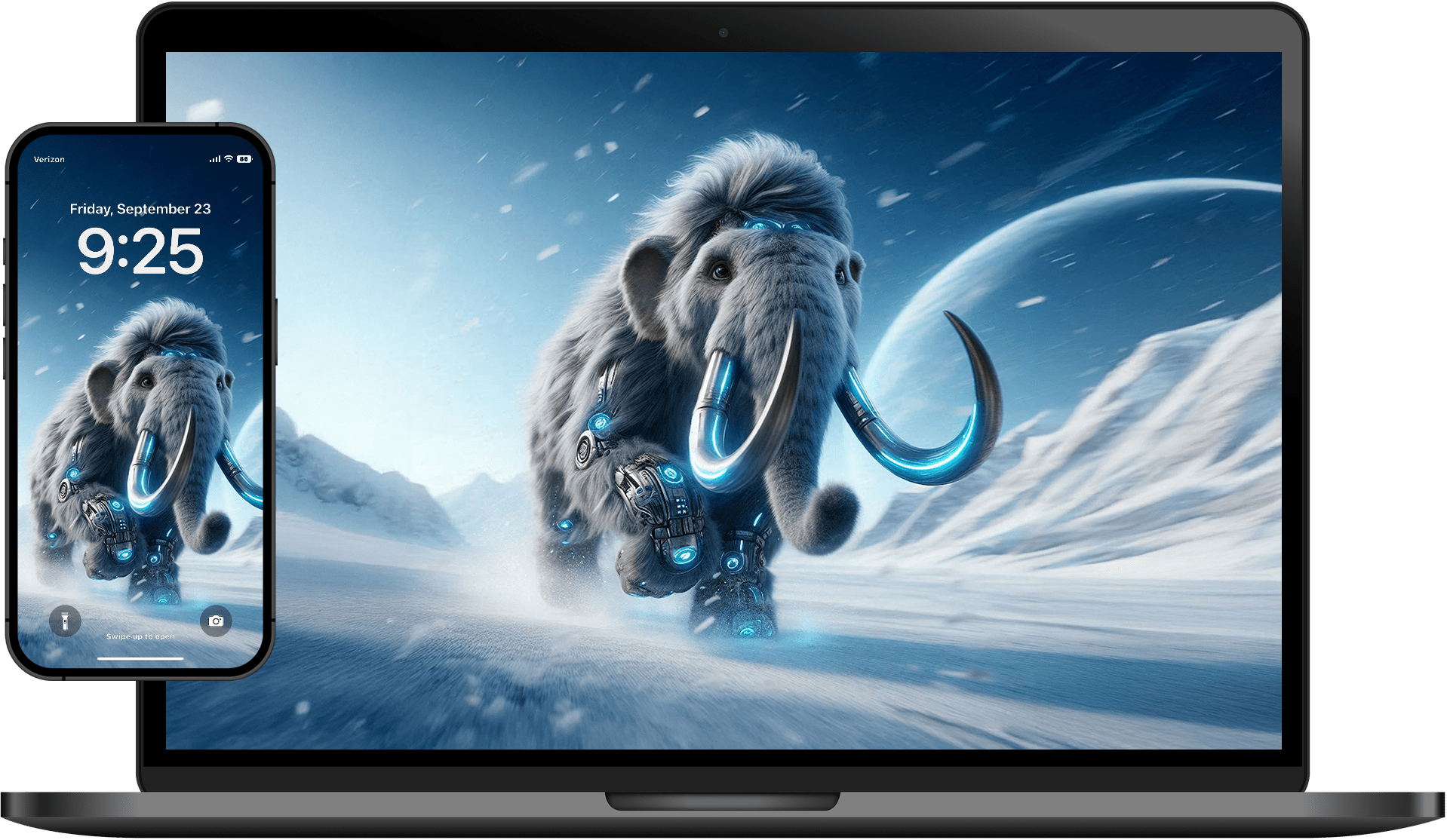 Futuristic woolly mammoth with glowing blue mechanical enhancements running on icy terrain under a dark sky with a large celestial body in the background.