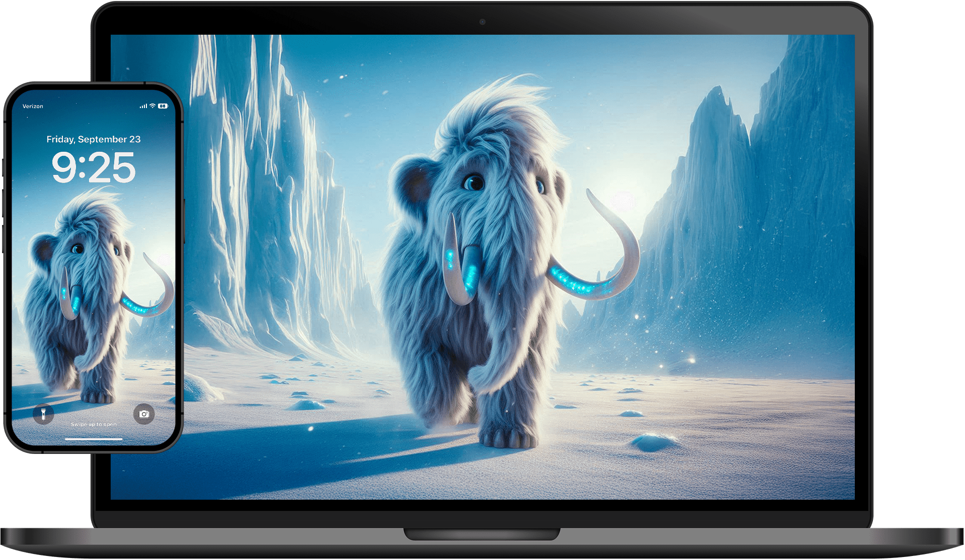 Fluffy woolly mammoth with glowing blue tusks walking in a snowy icy landscape with tall ice cliffs in the background, shown on a laptop screen and a smartphone lock screen.