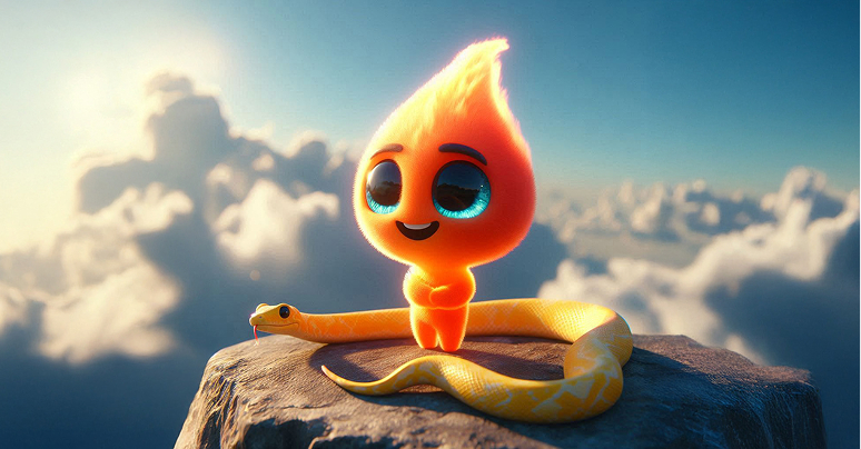 Cute fiery character with big blue eyes standing on a rock beside a coiled yellow snake against a cloudy sky backdrop.