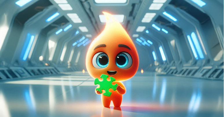 Cute glowing orange flame character with big blue eyes holding a green puzzle piece in a futuristic hallway.
