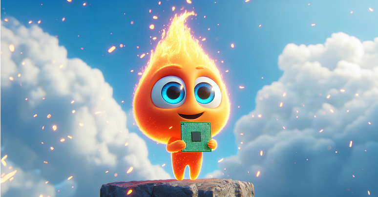 Animated glowing orange flame character with large blue eyes holding a computer chip, standing on a rock with a cloudy blue sky background.