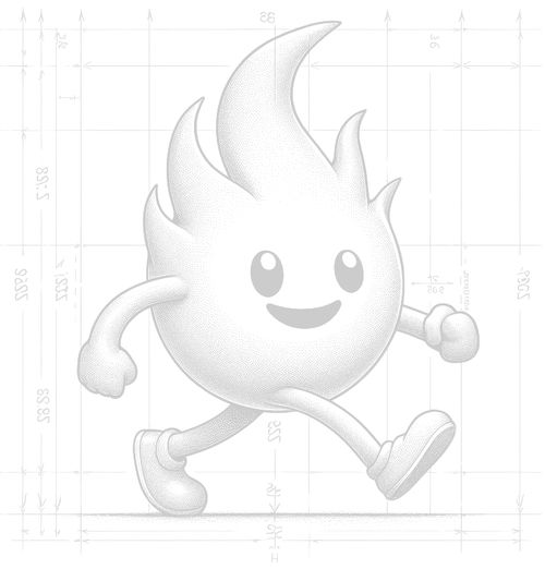 Cartoon flame character with arms, legs, and smiling face walking.