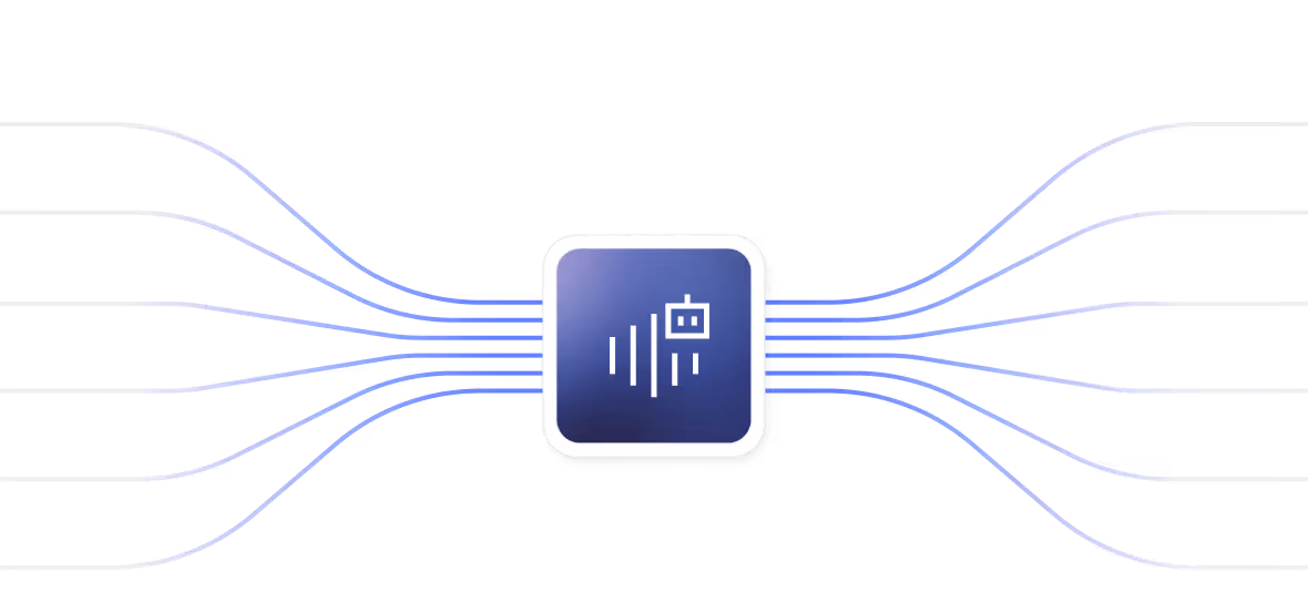 Diagram showing a central audio processing unit connecting six input audio applications on the left to six output audio applications on the right.