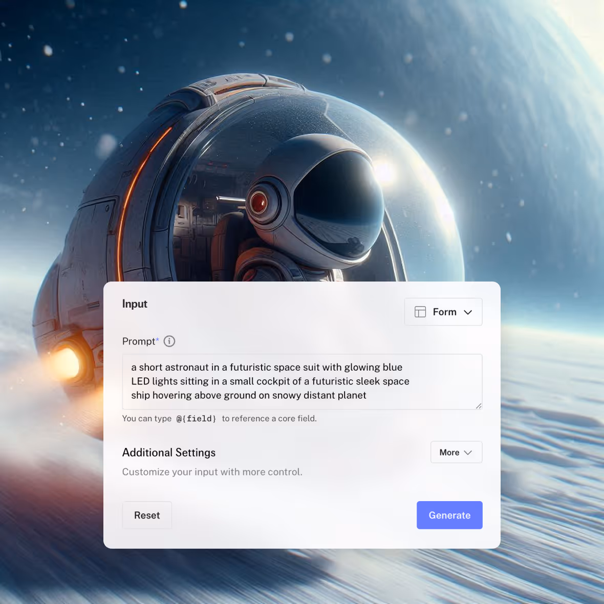 Short astronaut in a futuristic space suit inside a sleek small cockpit of a spaceship hovering above a snowy distant planet.