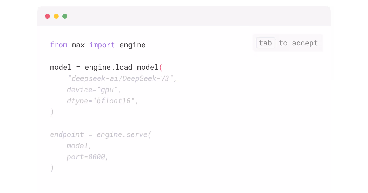 Python code snippet importing engine from max, loading a DeepSeek-V3 model with GPU and bfloat16 dtype, and serving it on port 8000.