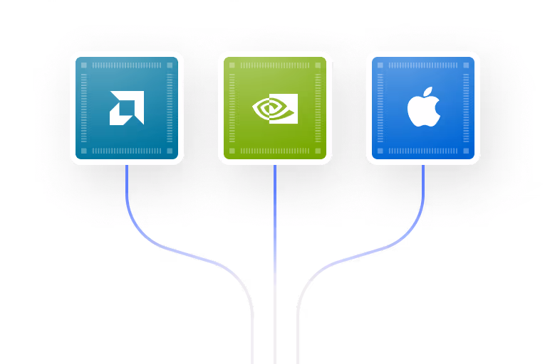 Three stylized microchips with logos for AMD, Nvidia, and Apple connected by thin lines.