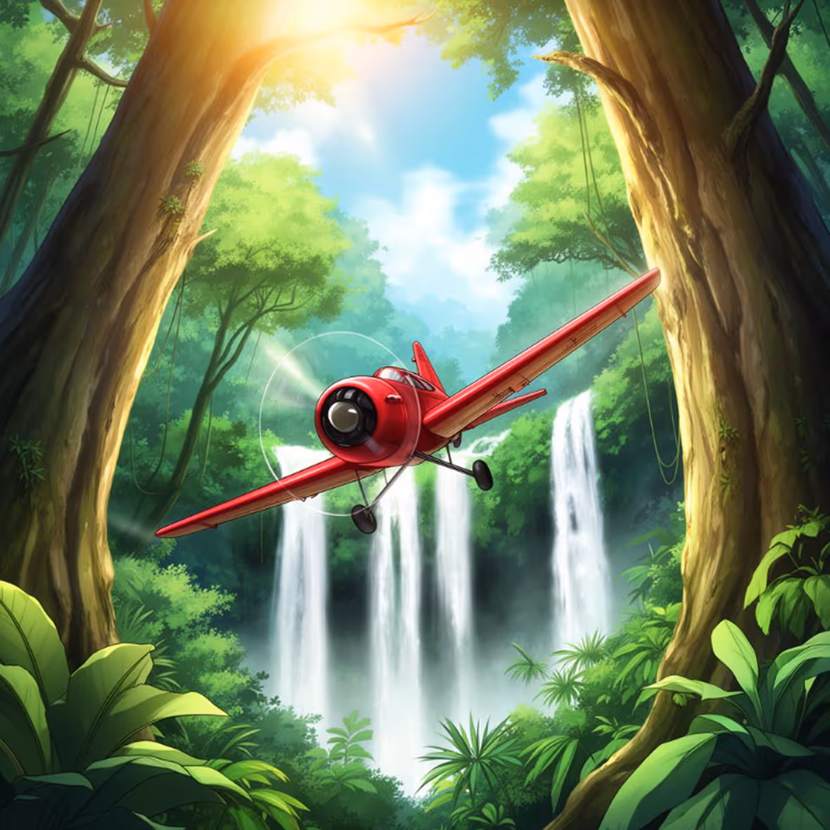 Red single-engine plane flying through a lush forest with tall trees and waterfalls under a bright blue sky.