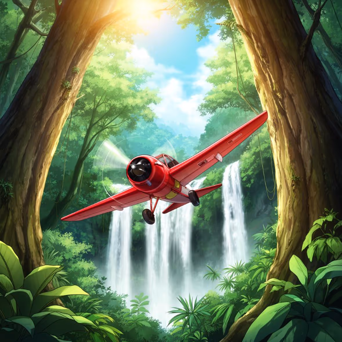 Red single-engine airplane flying low through a lush, green jungle with waterfalls in the background.