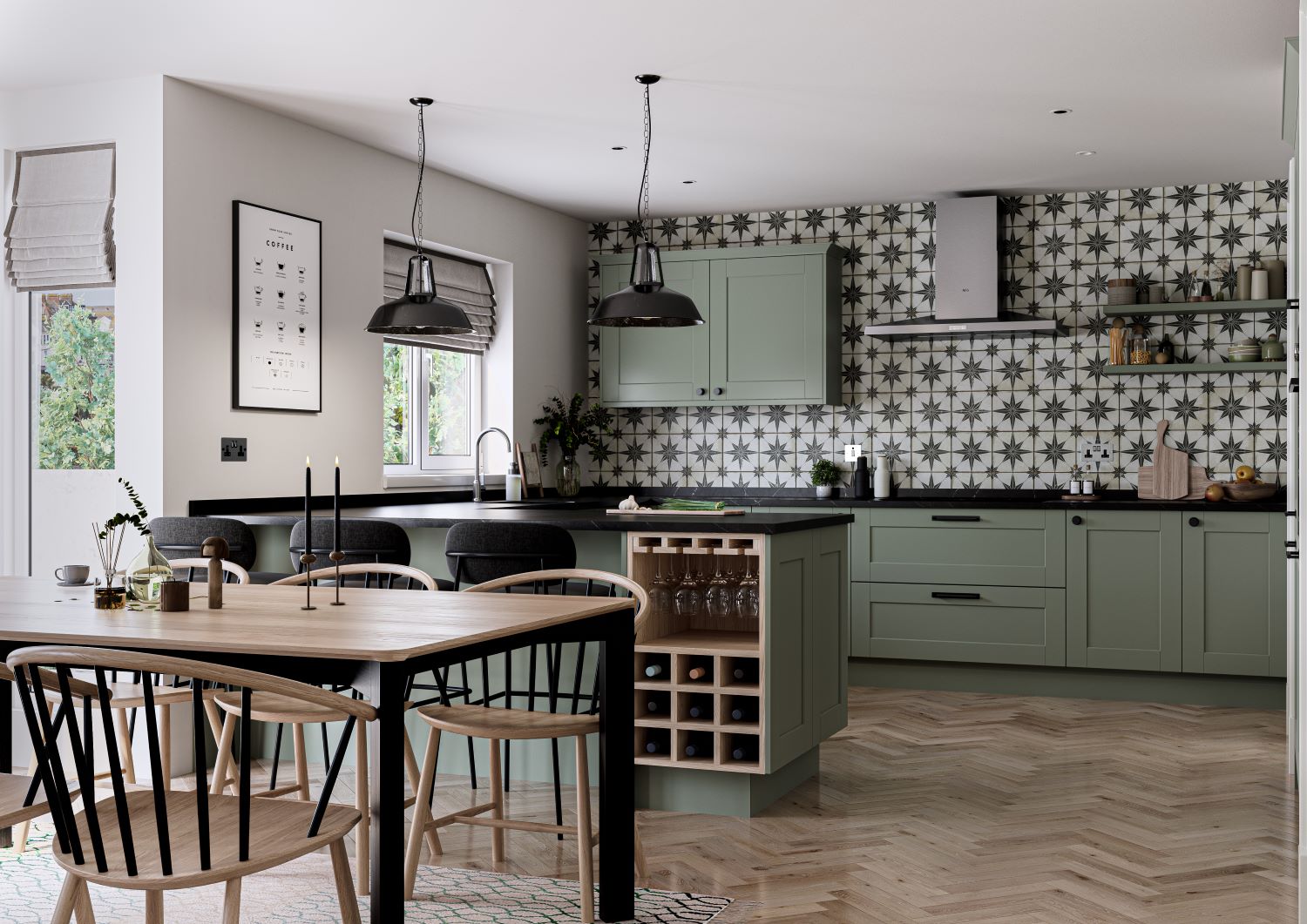 Modern kitchen with green cabinetry, star-patterned tiled backsplash, wooden dining table with chairs, and black pendant lights.