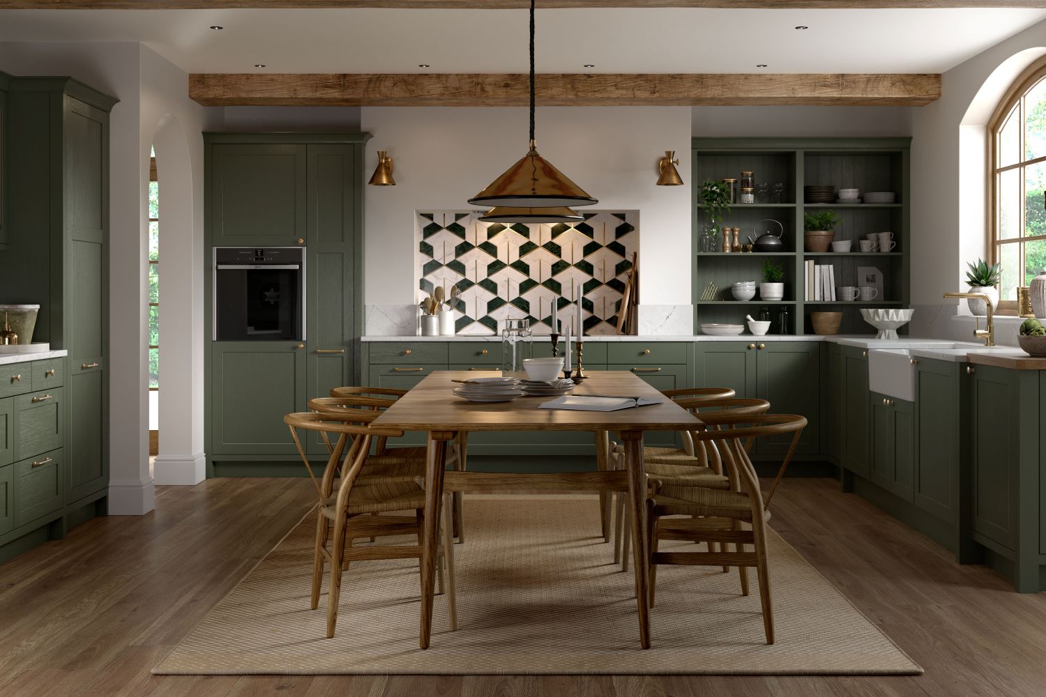 Modern kitchen with olive green cabinets, wooden dining table with six chairs, geometric backsplash, and large window.