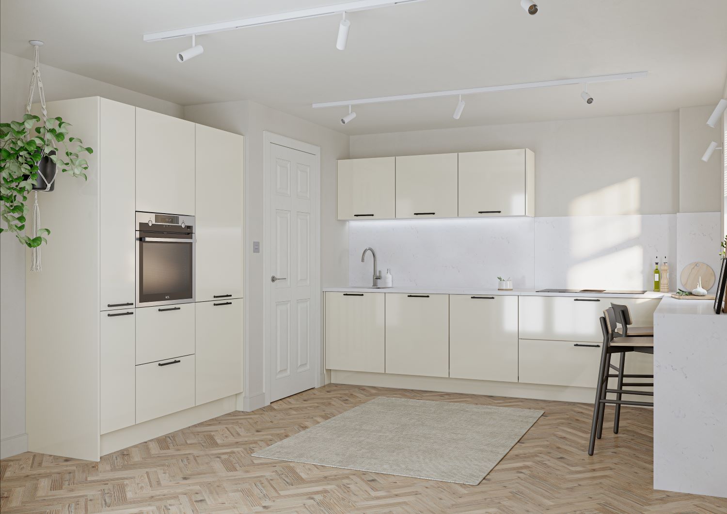 Modern minimalist kitchen with glossy cream cabinets, built-in oven, faucet, and wooden herringbone floor with beige rug.