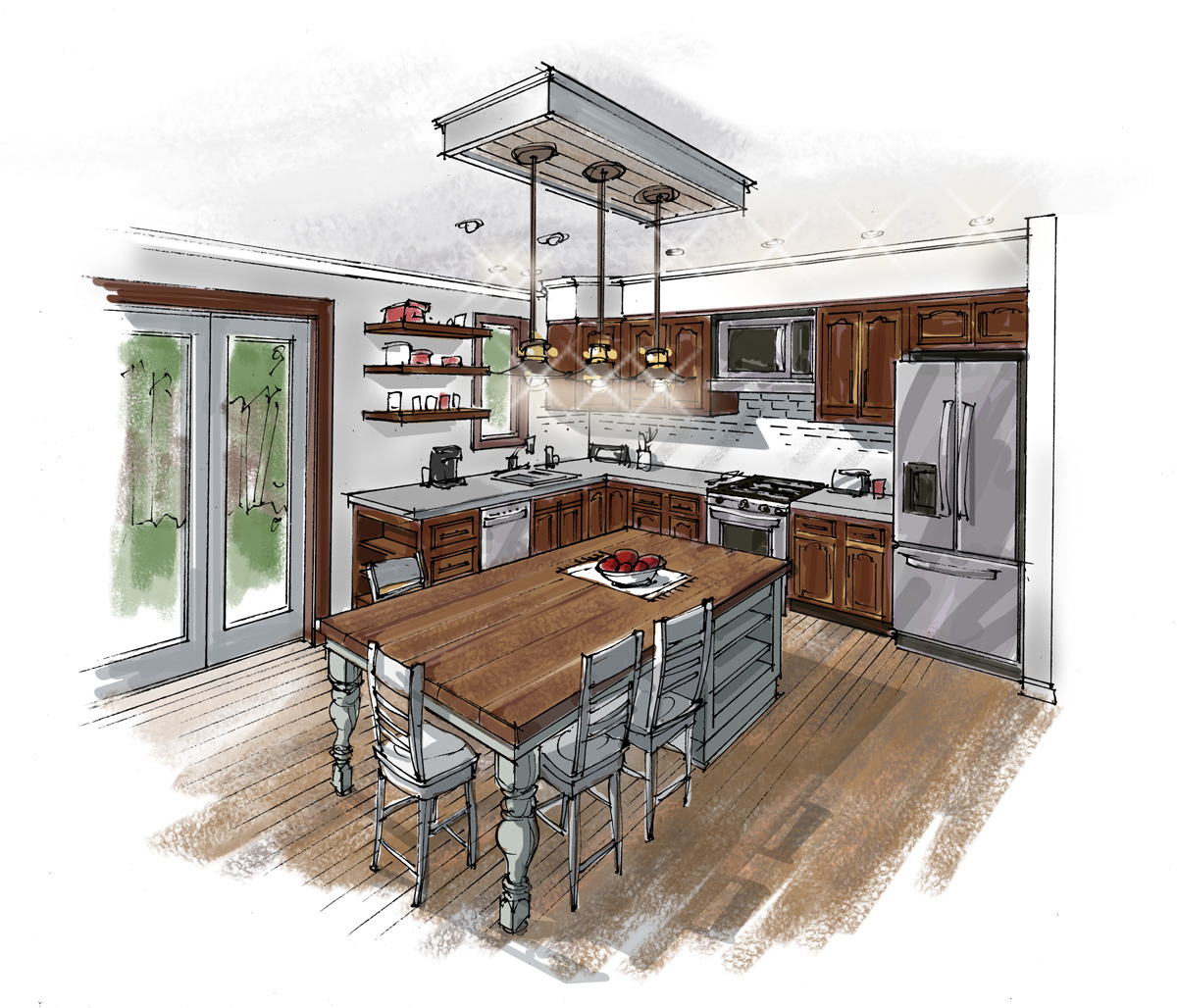 Sketch of a spacious kitchen with wooden cabinets, a large island with four chairs, hanging pendant lights, and stainless steel appliances.