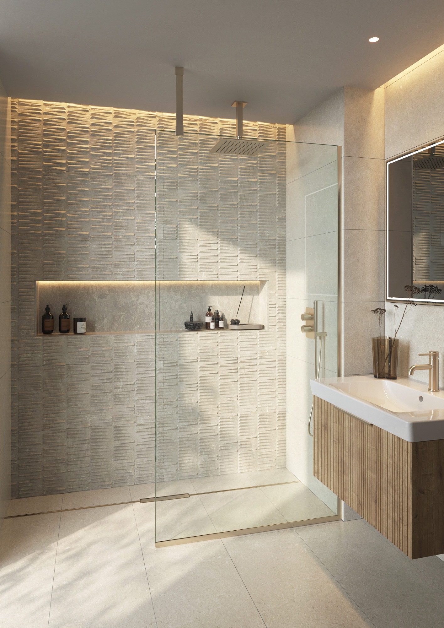 Modern bathroom with textured wall, glass-enclosed walk-in shower, wooden vanity with white sink, and backlit mirror.