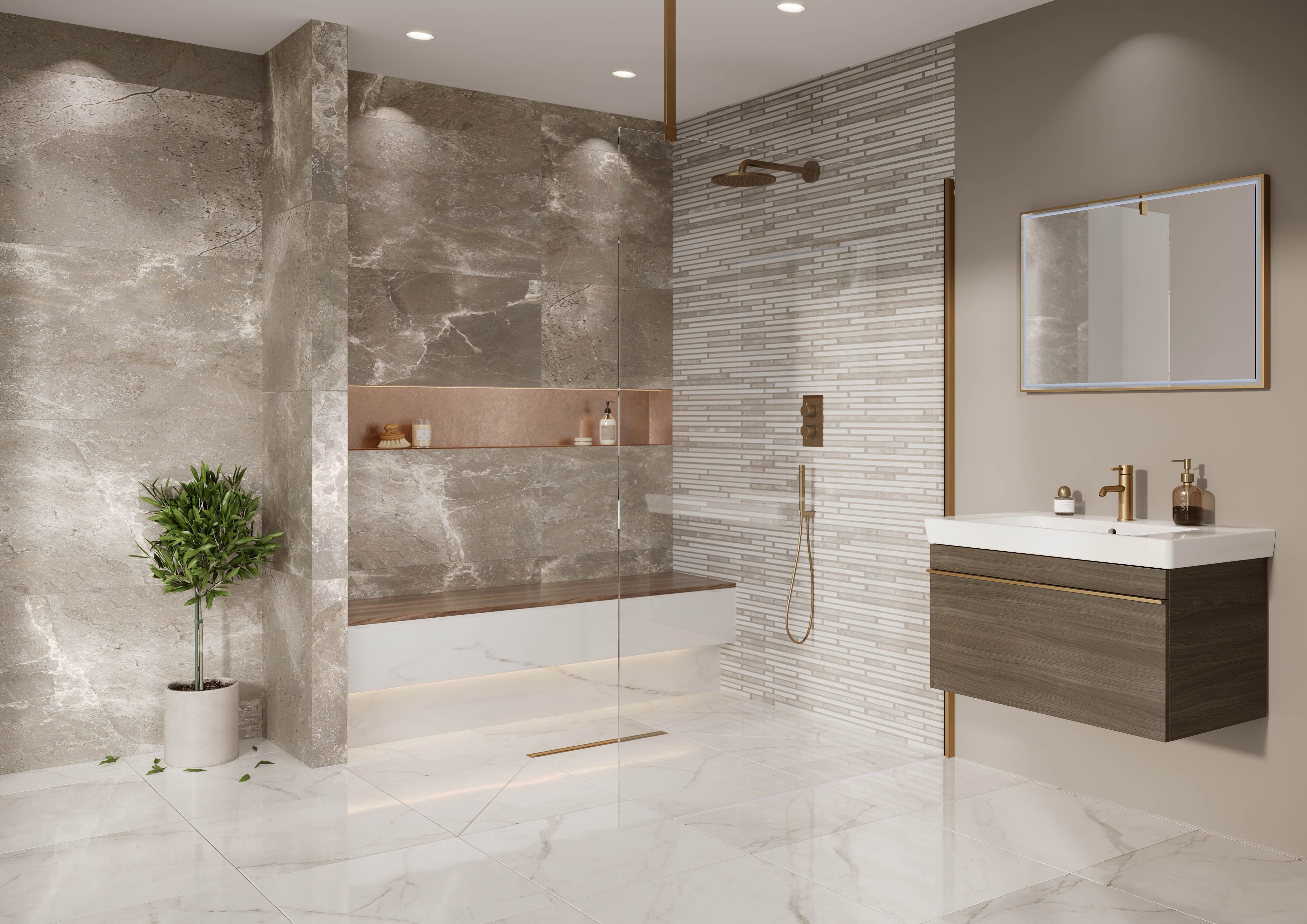 Modern bathroom with a walk-in shower featuring a rain showerhead, wood and marble bench, wall-mounted sink with gold fixtures, and a potted plant.