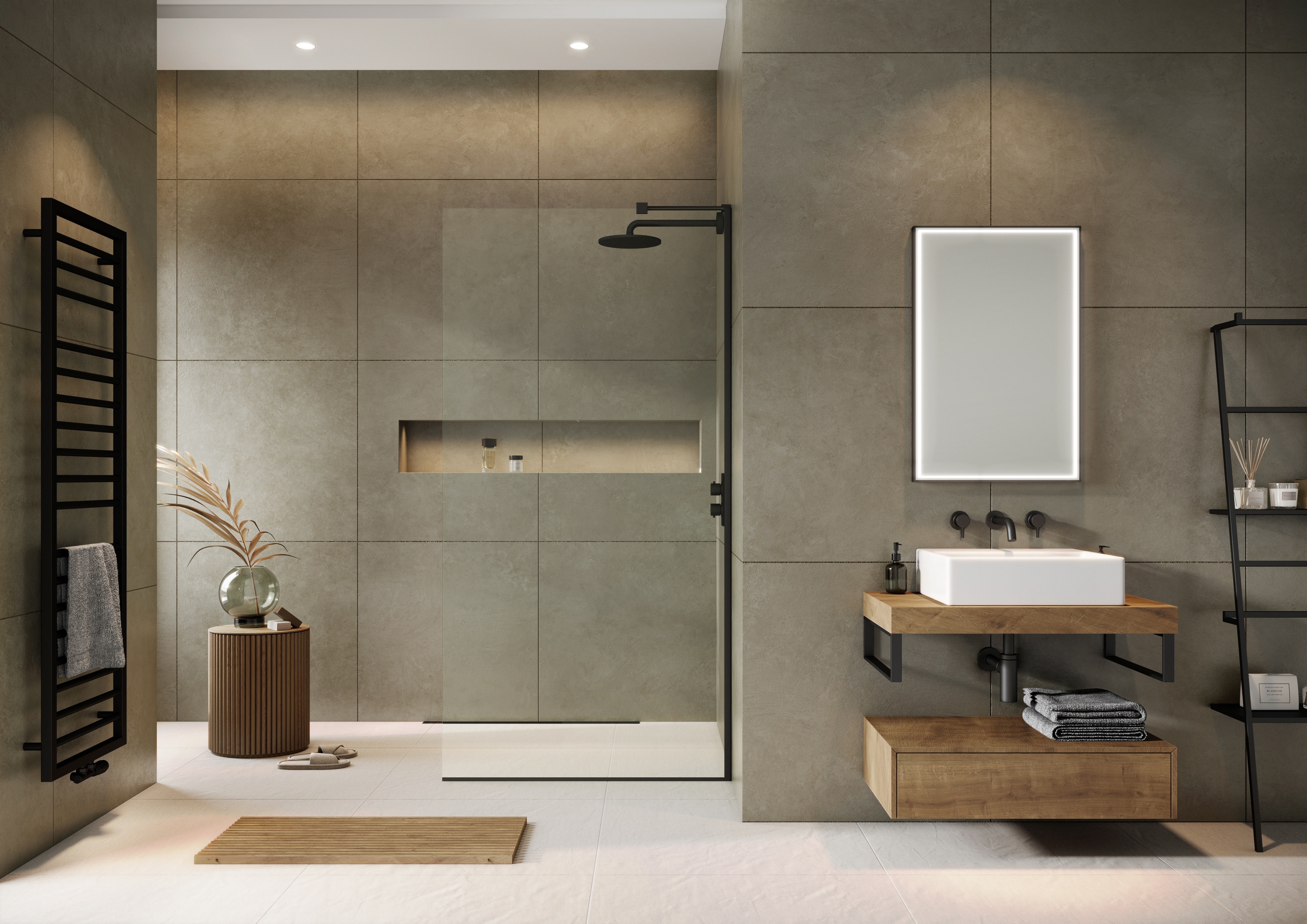 Modern bathroom with a walk-in glass shower, wall-mounted sink with illuminated mirror, wooden accents, and neutral-tone tiles.