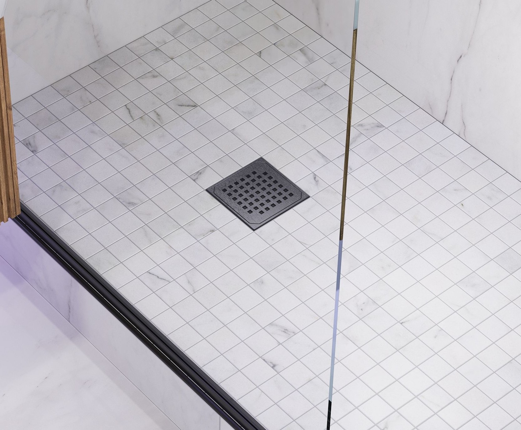 Shower floor with white square tiles and a black square drain in the center.