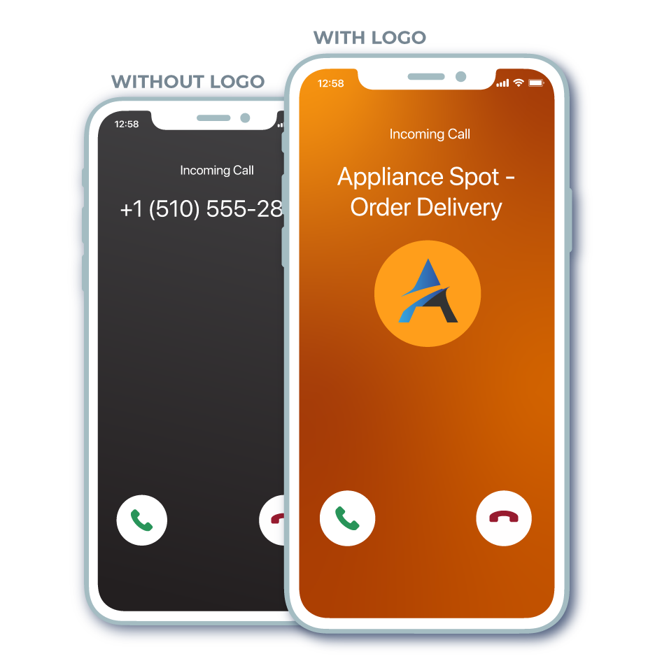 Two phones showing incoming calls: one with a number only, the other with a logo and 'Appliance Spot - Order Delivery'.
