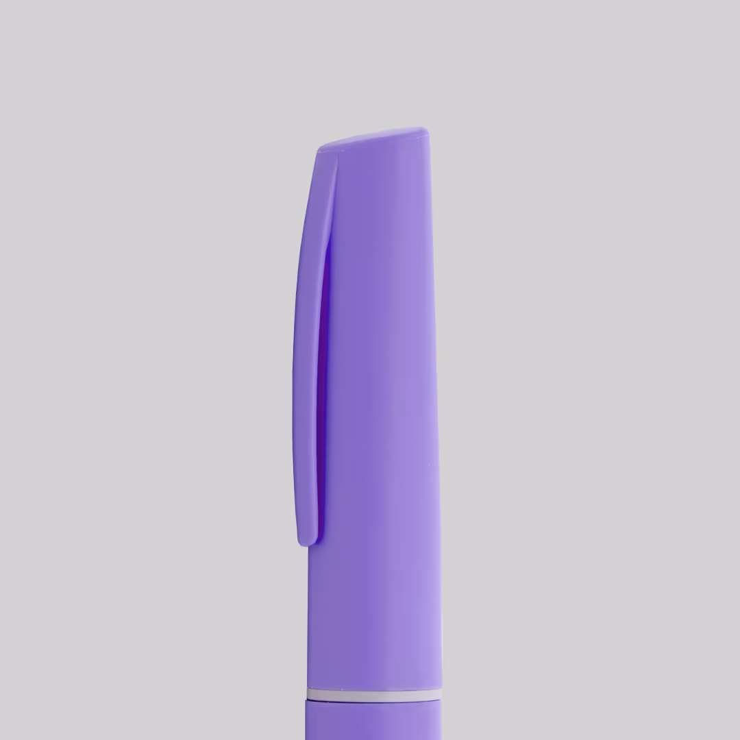 Close-up of a purple pen cap with a clip on a light gray background.