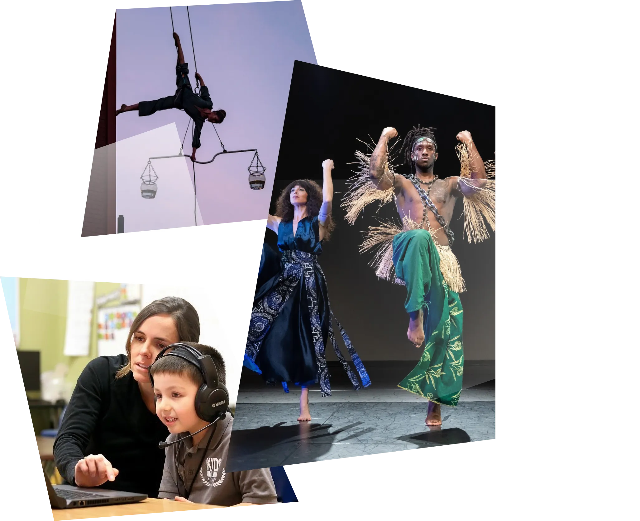 photos from grantees: art performance with woman acting as a street light; multicultural dance troupe; child being tutored at a computer
