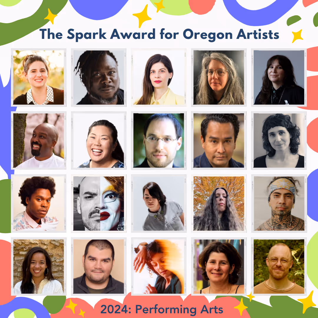 A grid of 20 headshots of artists in the performing arts who are receiving a 2024 Spark Award for Oregon Artists