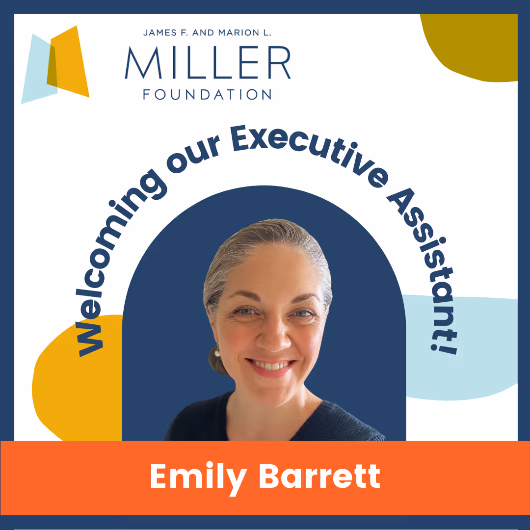 graphic with text saying welcoming our executive assistant Emily Barrett. centered is a photo of Emily, a woman smiling, in a navy top