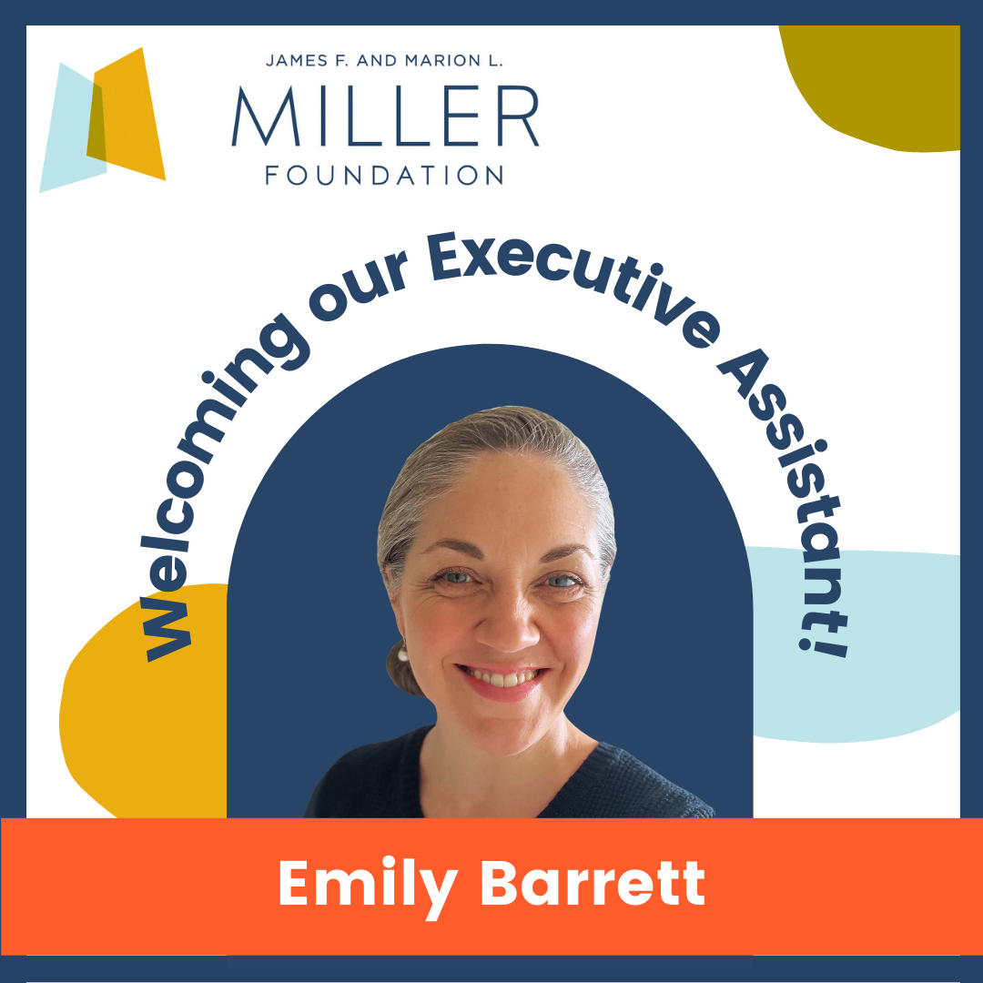 graphic with text saying welcoming our executive assistant Emily Barrett. centered is a photo of Emily, a woman smiling, in a navy top