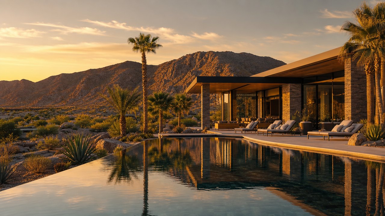 Contemporary desert luxury home at golden hour with mountains and infinity pool