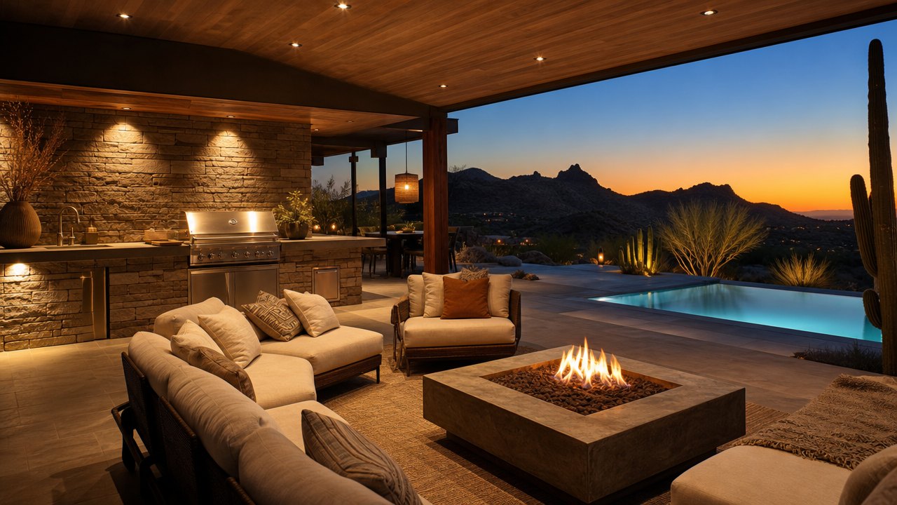 Covered desert patio with outdoor kitchen and fire pit at dusk