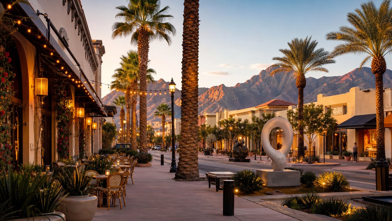 Palm lined shopping and dining street in a desert resort town at dusk