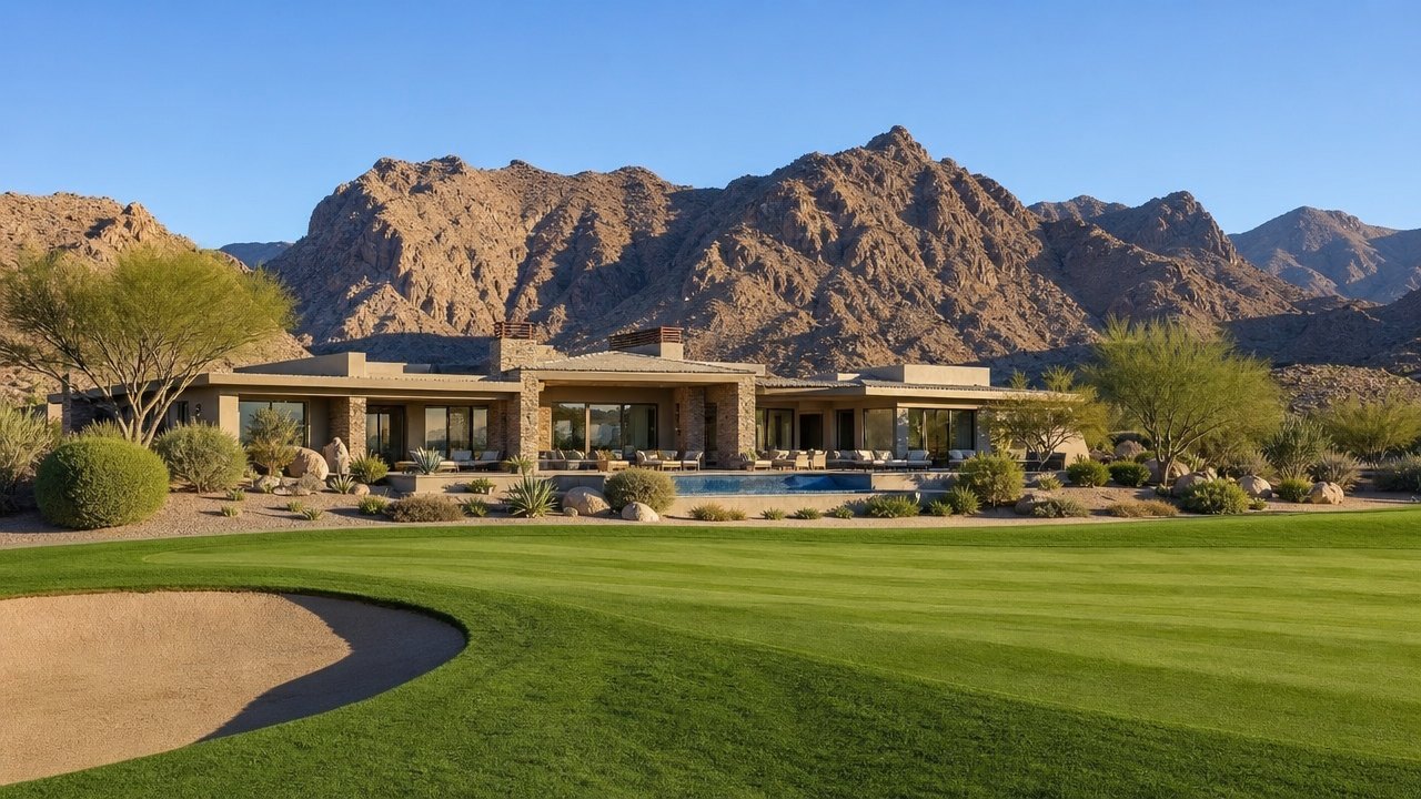 Luxury home on a desert golf course fairway with mountain views