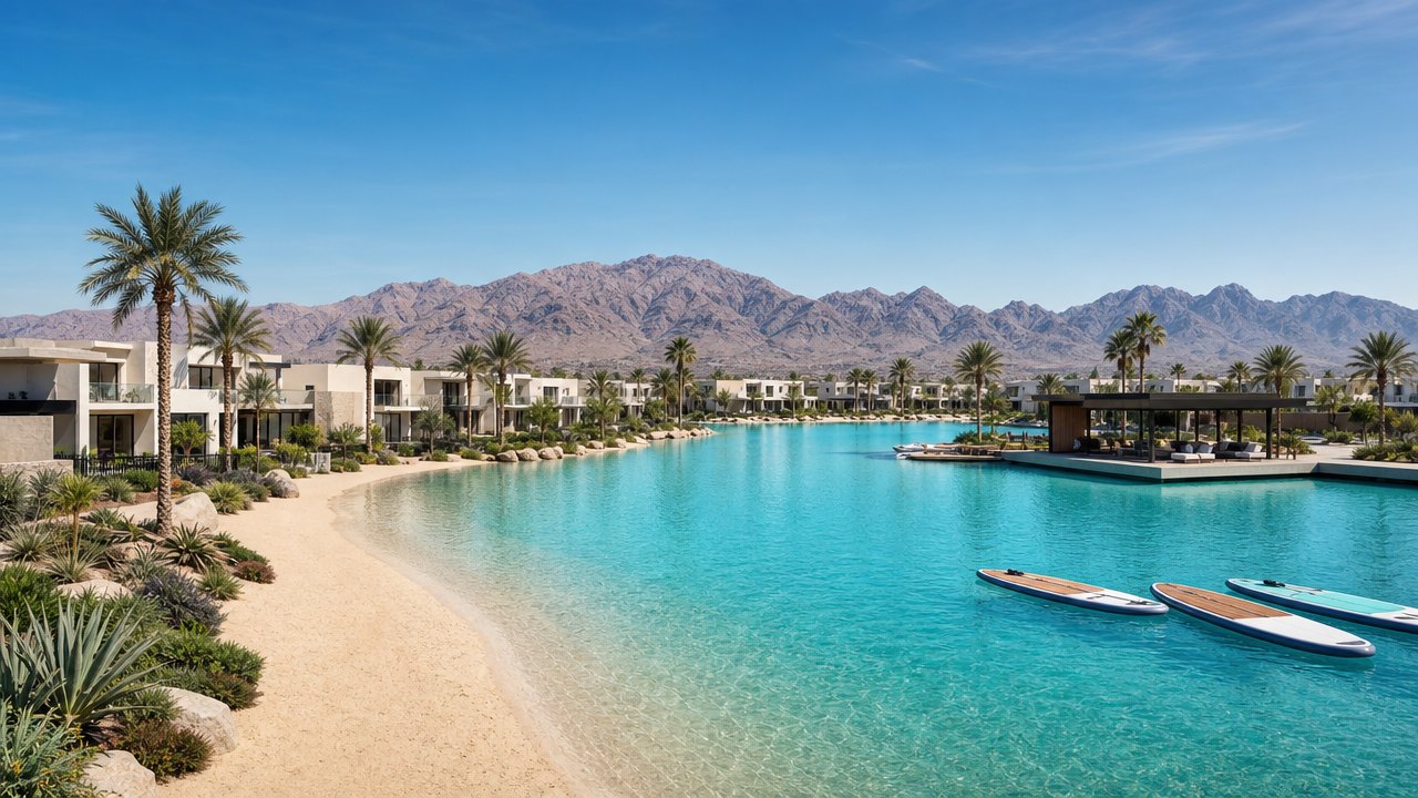 New desert community built around a turquoise swimmable lagoon