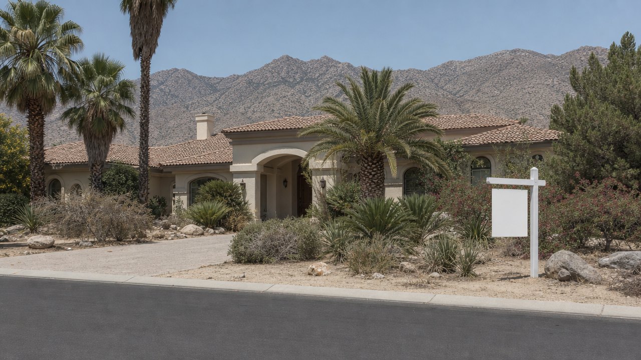 Older desert estate from the street with a blank real estate sign in the yard