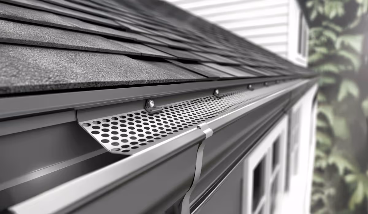 A close up of a gutter and guard during one of our certified inspections