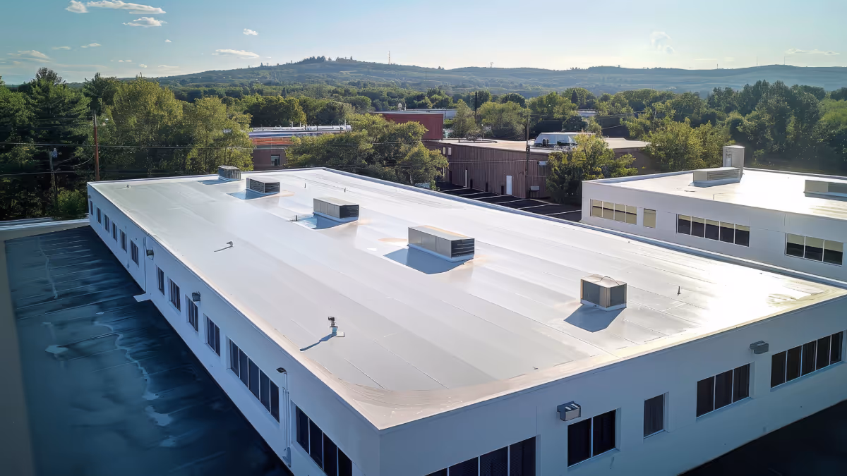 A aerial drone photo of a completed commercial roof by Golden Eagle in Waldorf, MD