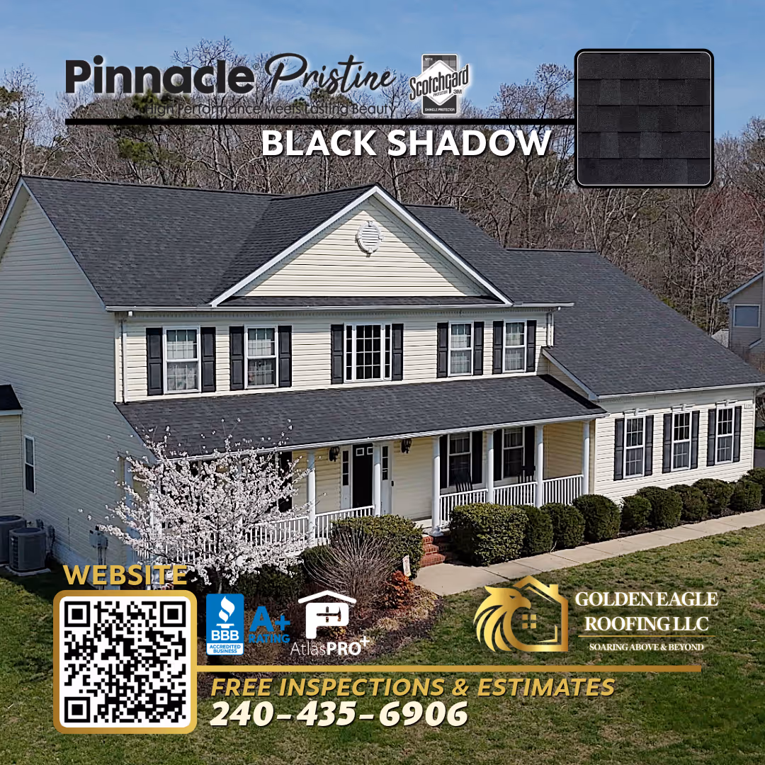 A photo of a crane loading a townhome with Atlas Pinnacle Pristine roof shingles for a insurance-paid roof replacement in North Beach, Maryland by Golden Eagle Roofing, LLC