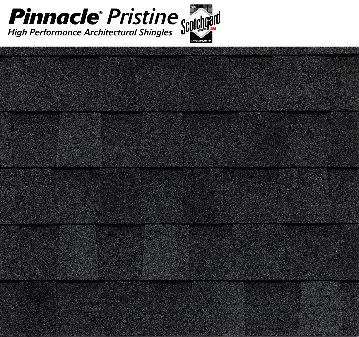 Close-up of black Pinnacle Pristine high performance architectural shingles with Scotchgard protector by 3M.