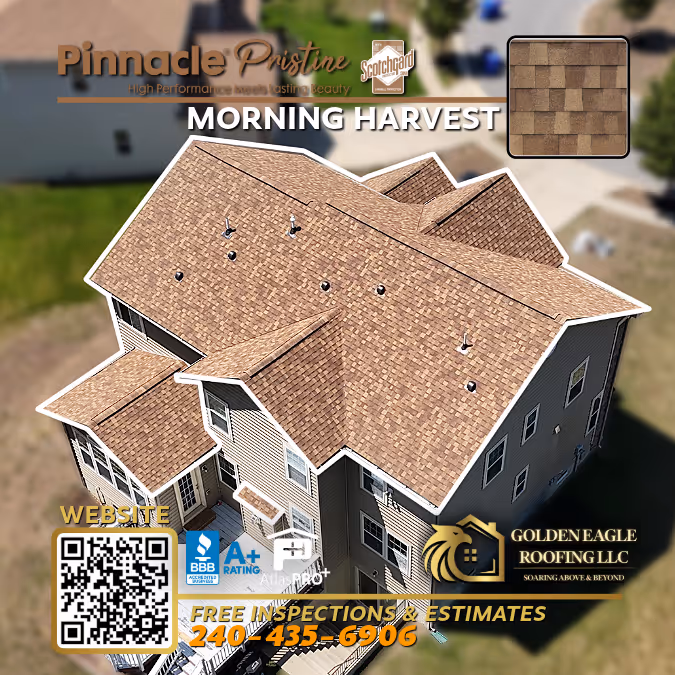 Two-story beige house with black shutters and black asphalt shingle roof in Black Shadow color, advertisement for Golden Eagle Roofing LLC with contact phone number.