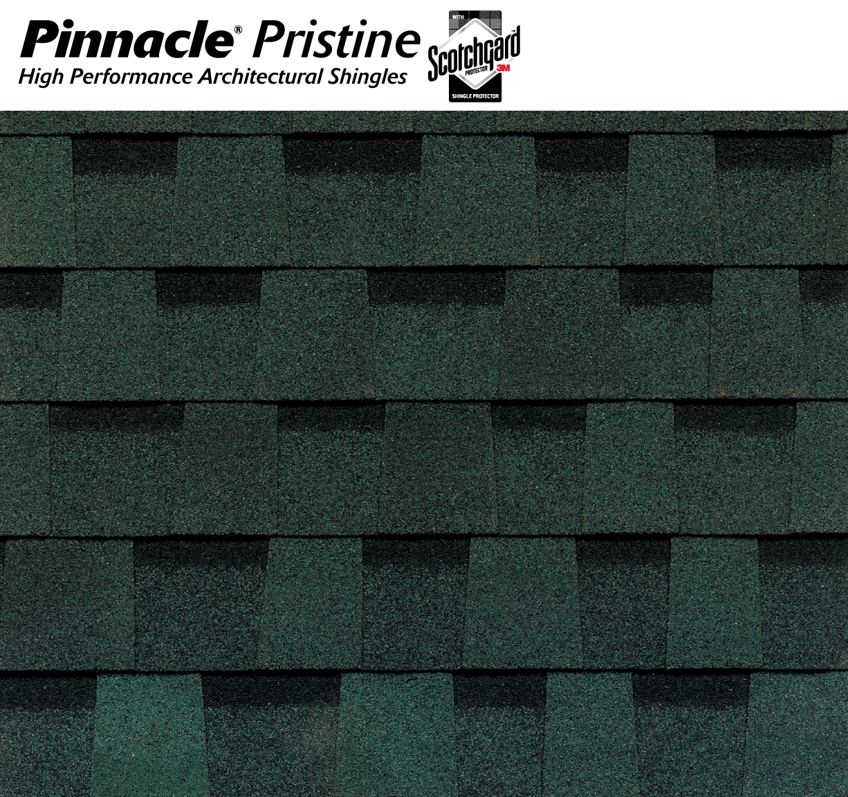 Close-up of black Pinnacle Pristine high performance architectural shingles with Scotchgard protector by 3M.