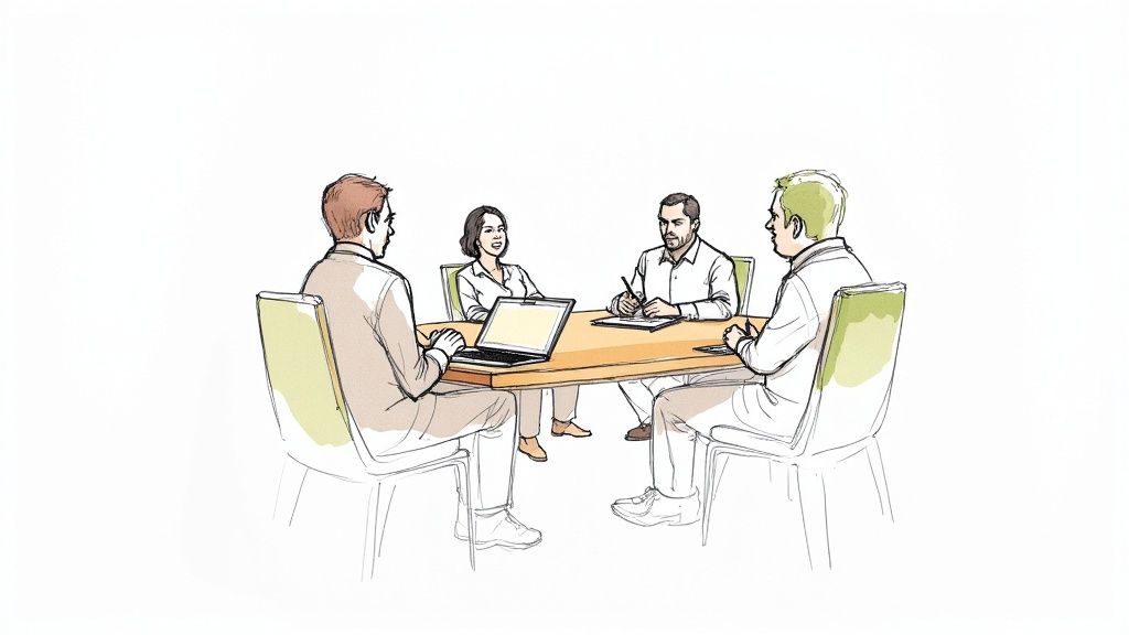 A project manager looking at a screen with AI-generated meeting notes and action items, feeling confident and in control.