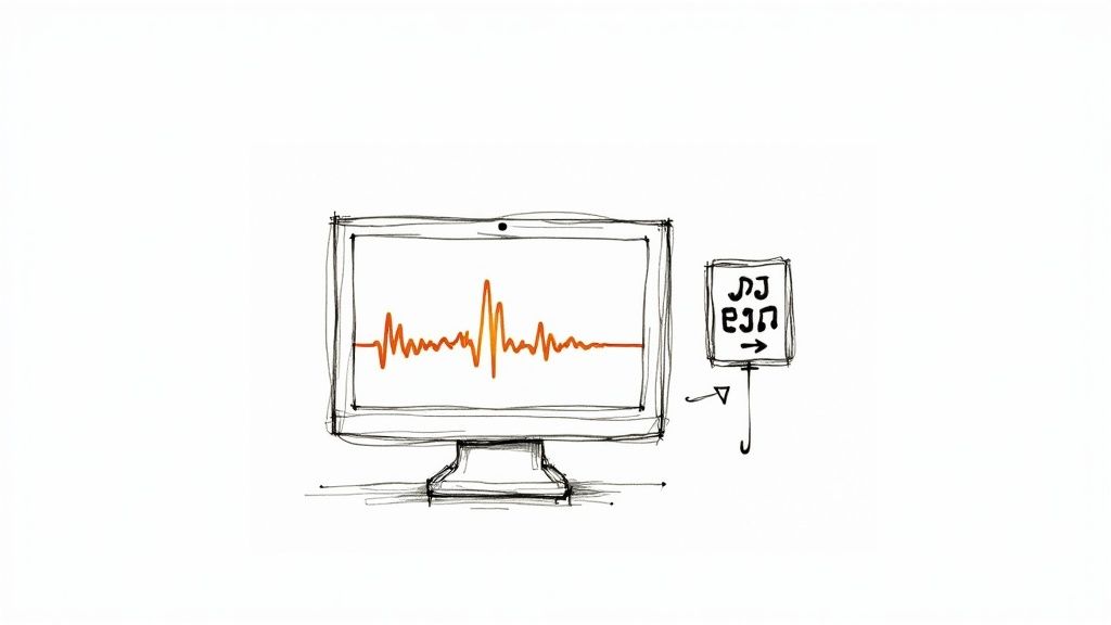 A person editing an audio waveform on a desktop computer, representing the control and precision of desktop software.