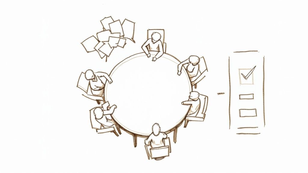 People collaborating in a modern office meeting, looking engaged and productive.