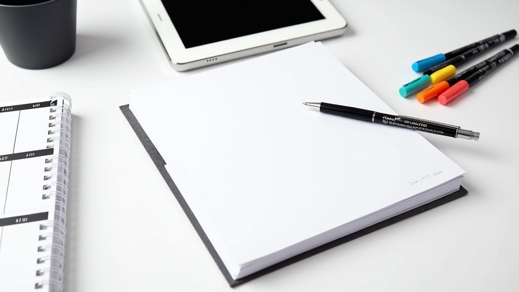 A person's hands organizing a desk with a notebook, pen, tablet, and laptop, preparing for a productive session.