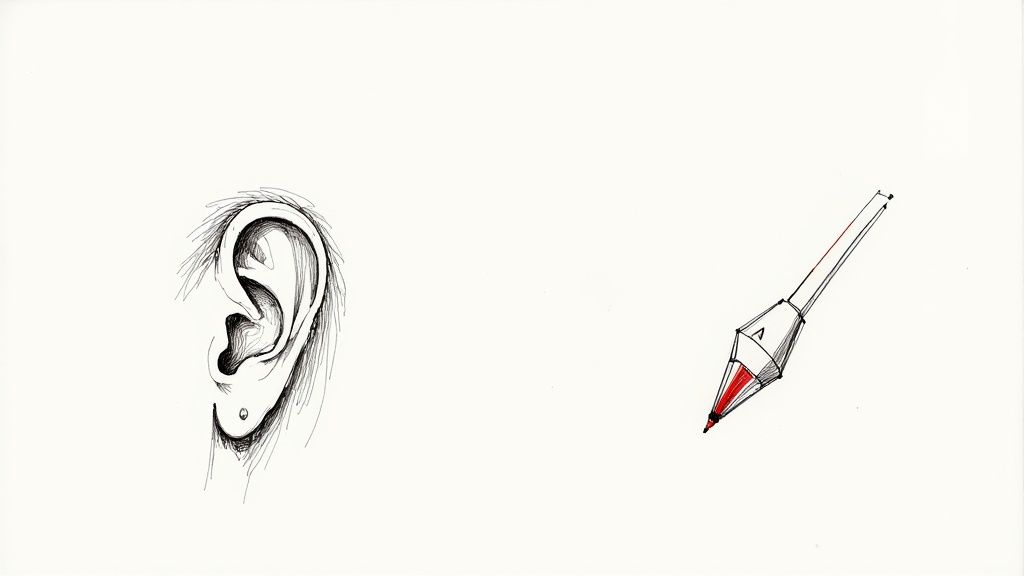 A person actively listening in a meeting, with visual cues of ideas and keywords being highlighted in their mind.