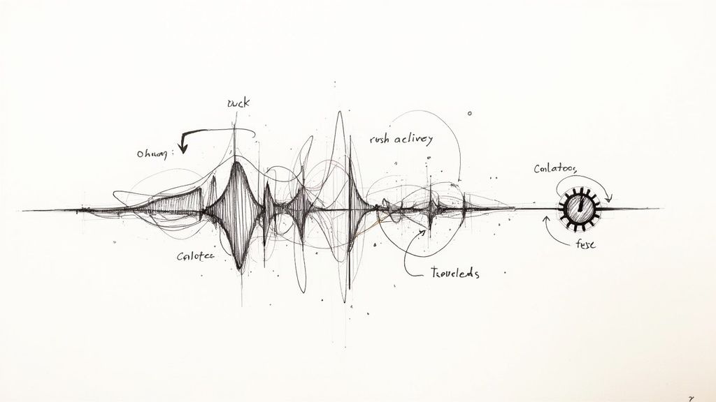 A sound wave is shown with peaks and valleys, with some parts clear and others messy to represent audio quality affecting cost.
