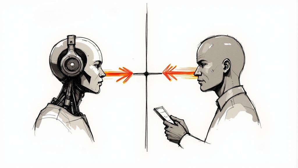 An illustration showing a split between a human brain and a circuit board, symbolizing the choice between human and AI transcription.
