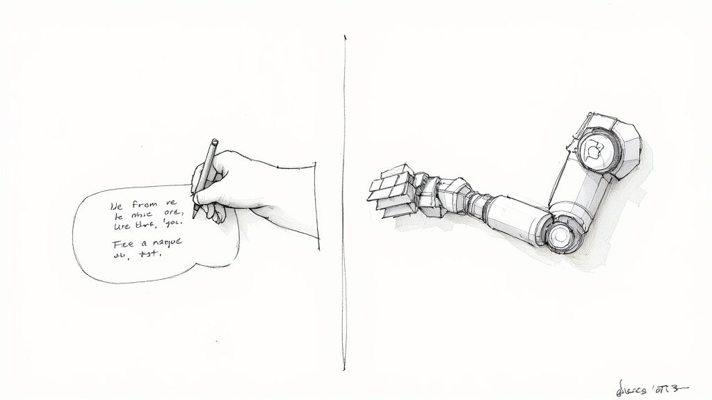 A split image showing a person typing on one side and an abstract AI graphic on the other, representing the choice between manual and AI transcription.