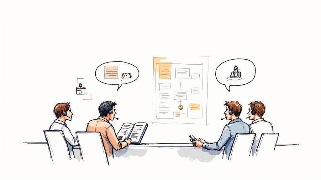 A call center agent with a headset on, focused on a conversation with a customer, representing the core of call center operations.