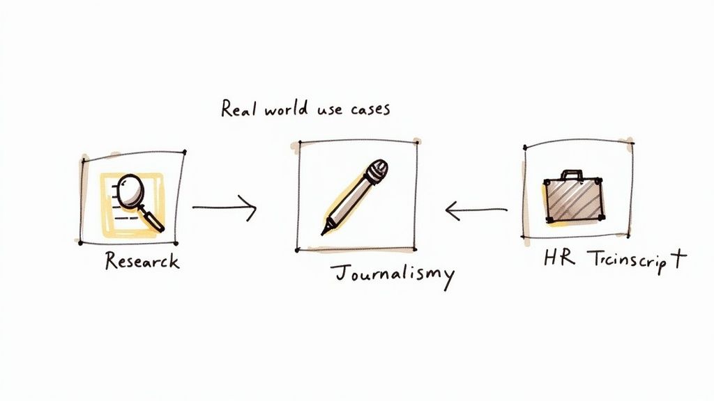 A journalist using a laptop and headphones to review an interview transcript, with a city skyline visible through the window.