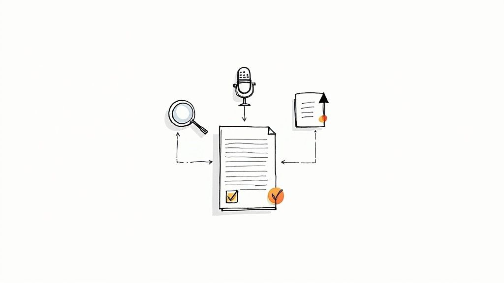 A person typing on a laptop, focused on transcribing an interview.