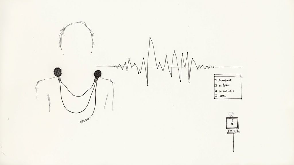 A close-up of a professional studio microphone ready to record an interview.